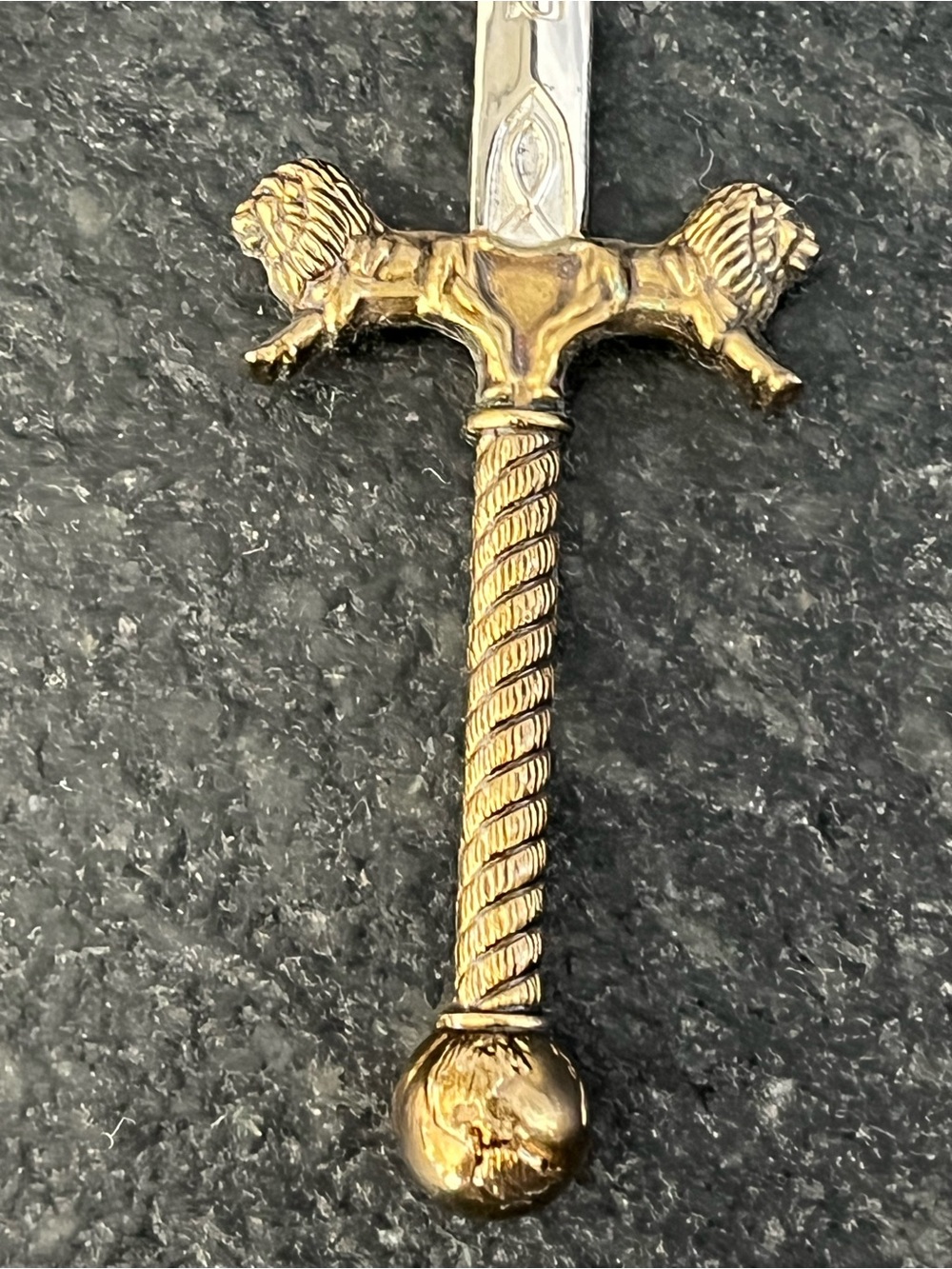 Vintage Sword Letter Opener Brass Handle Silver Blade Lion